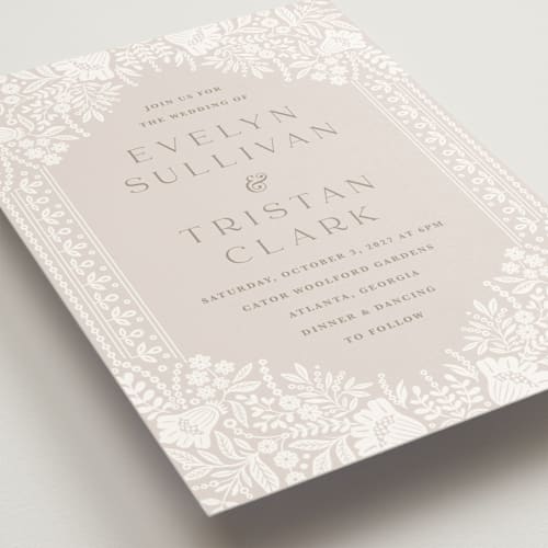 This is a cream wedding invitations with standard by Kristen Smith called lace trim printing on signature in grand