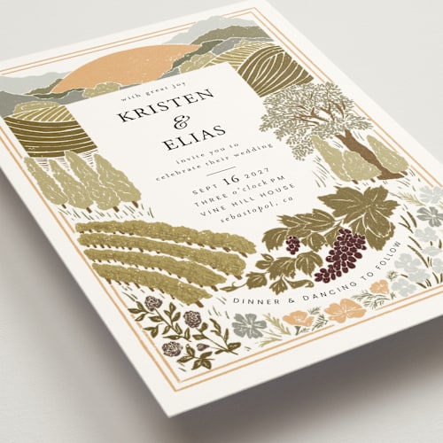 This is a sage wedding invitations with standard by Shiny Penny Studio called valley of the moon printing on signature in grand