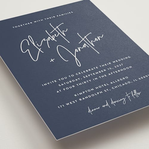 This is a navy wedding invitations with standard by JoAnn Jinks called marked printing on signature in grand