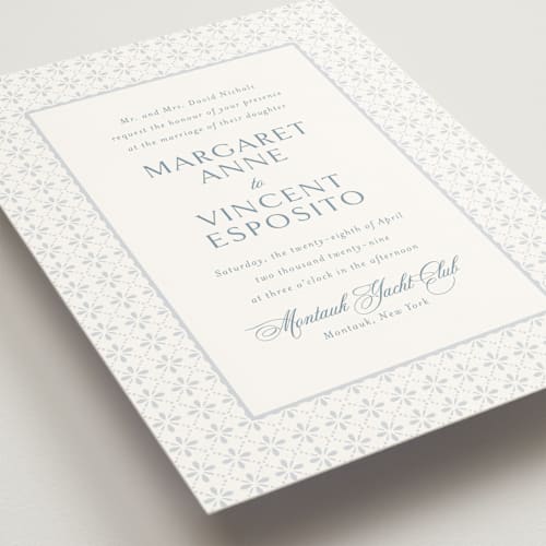 This is a dusty blue wedding invitations with standard by Jennifer Postorino called coastal charm printing on signature in grand