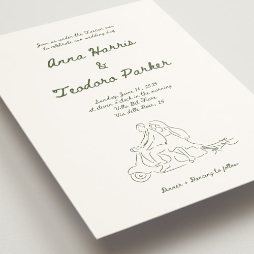 This is a olive wedding invitations with standard by Helena Vitto called amore mio printing on signature in grand