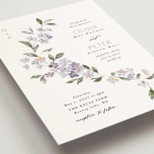 This is a periwinkle wedding invitations with standard by Itsy Belle Studio called sweeping vine printing on signature in grand