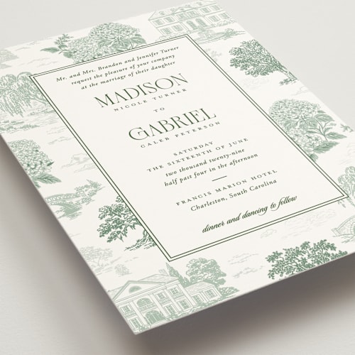 This is a ivy wedding invitations with standard by Jenna Holcomb called southern charm toile printing on signature in grand