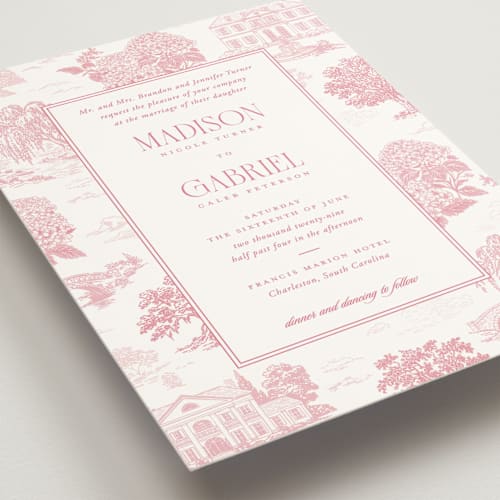 This is a peony wedding invitations with standard by Jenna Holcomb called southern charm toile printing on signature in grand