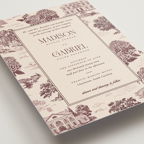 This is a mulberry wedding invitations with standard by Jenna Holcomb called southern charm toile printing on signature in grand