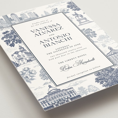 This is a marine wedding invitations with standard by Jenna Holcomb called boston toile printing on signature in grand
