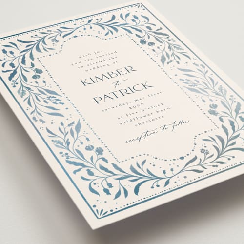This is a delft blue wedding invitations with standard by Ashley DeMeyere called porcelain printing on signature in grand