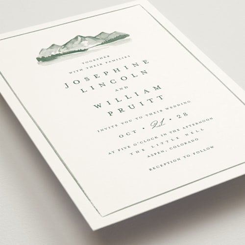 This is a pine wedding invitations with standard by Amy Kross called mountain ridge printing on signature in grand