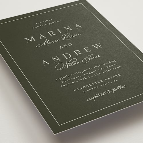 This is a deep olive wedding invitations with standard by Nicole Walsh called refined printing on signature in grand