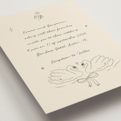 This is a lilac wedding invitations with standard by Helena Vitto called the swan printing on signature in grand