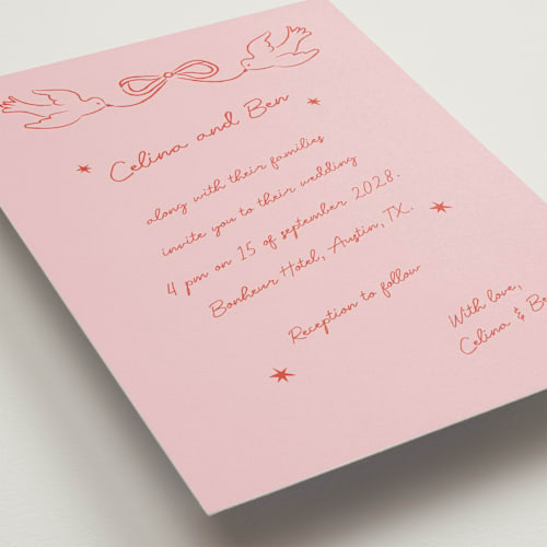 This is a peach wedding invitations with standard by Helena Vitto called the bird song printing on signature in grand