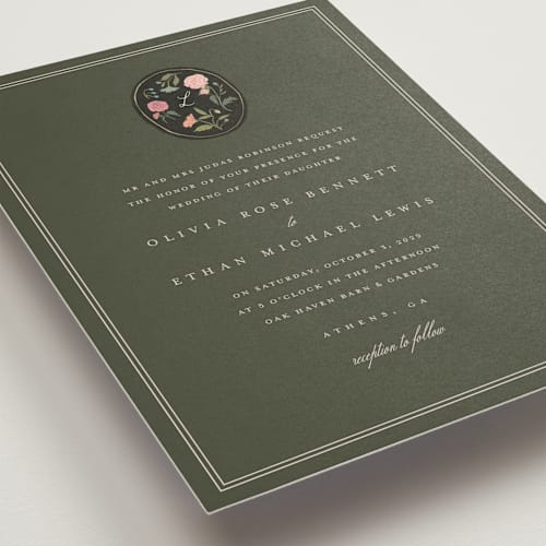 This is a moss wedding invitations with standard by Lori Wemple called botanical cameo printing on signature in grand