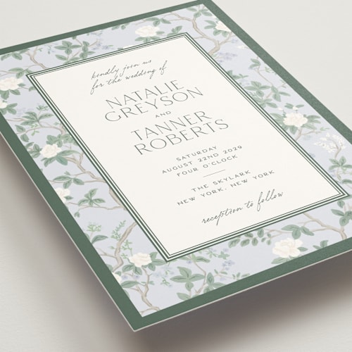 This is a garden wedding invitations with standard by Jenna Holcomb called chinoiserie printing on signature in grand