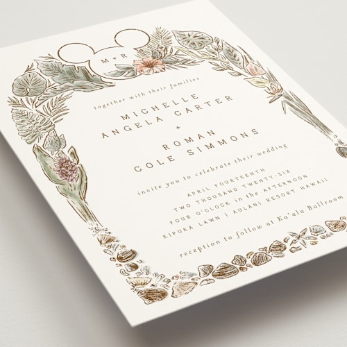 This is a earth wedding invitations with standard by Shiny Penny Studio called disney's mickey mouse tropical frame printing on signature in grand
