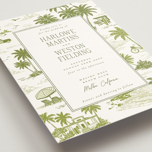 This is a palm wedding invitations with standard by Jenna Holcomb called beachtoile printing on signature in grand