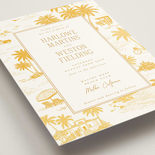 This is a sun wedding invitations with standard by Jenna Holcomb called beachtoile printing on signature in grand