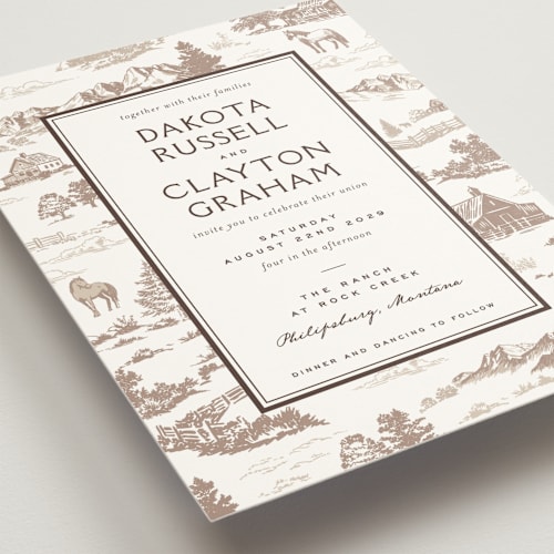 This is a leather wedding invitations with standard by Jenna Holcomb called mountain ranch toile printing on signature in grand