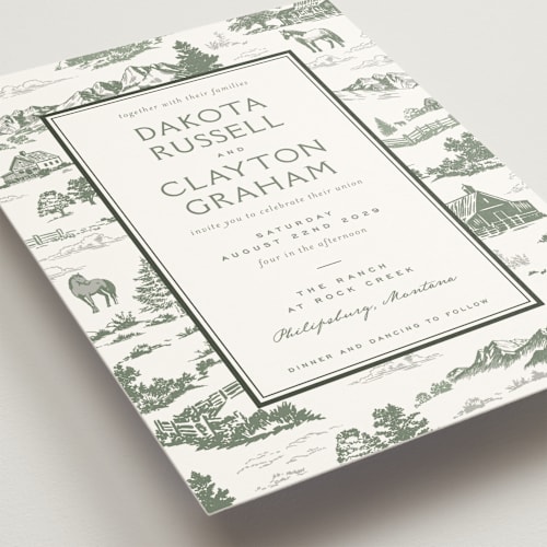 This is a evergreen wedding invitations with standard by Jenna Holcomb called mountain ranch toile printing on signature in grand