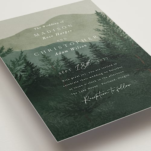 This is a jade wedding invitations with standard by Elly called the forest printing on signature in grand