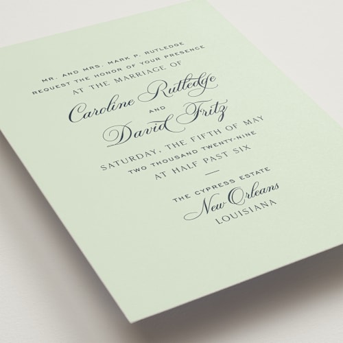 This is a mint wedding invitations with standard by Megan Davis called nola printing on signature in grand