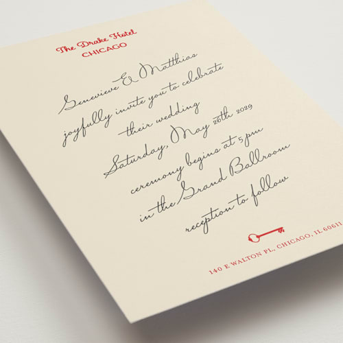 This is a classic red wedding invitations with standard by Studio Suku called hotel printing on signature in grand