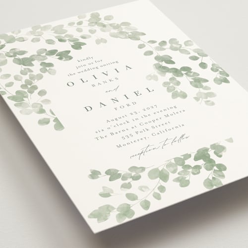 This is a eucalyptus wedding invitations with standard by Kristie Kern called vining printing on signature in grand