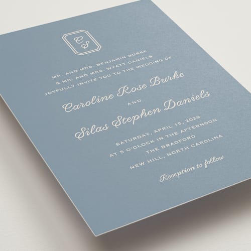 This is a french blue wedding invitations with standard by Carolyn MacLaren called bevel monogram printing on signature in grand
