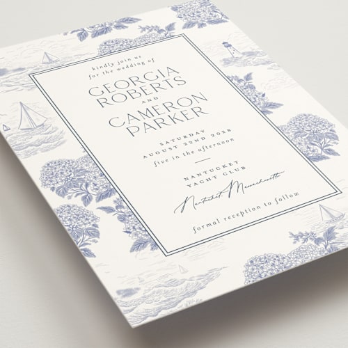 This is a periwinkle wedding invitations with standard by Jenna Holcomb called coastal toile printing on signature in grand