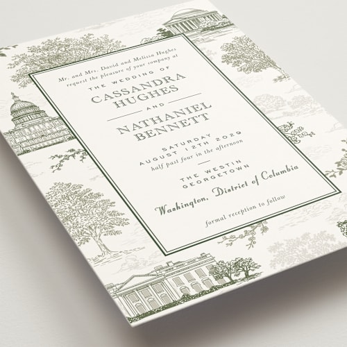 This is a olive wedding invitations with standard by Jenna Holcomb called washington dc toile printing on signature in grand