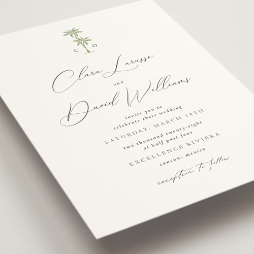 This is a leaf wedding invitations with standard by Olivia Raufman called palm monogram printing on signature in grand