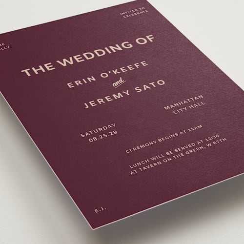 This is a plum wedding invitations with standard by Studio Suku called courthouse printing on signature in grand