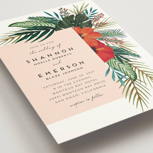 This is a coral wedding invitations with standard by Joanna Griffin called tropical oasis printing on signature in grand