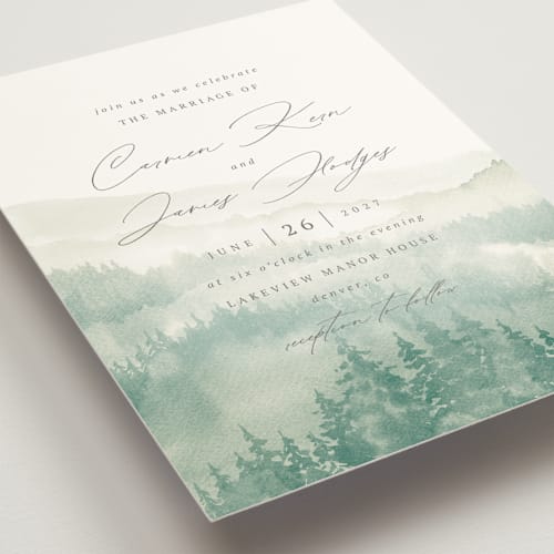 This is a misty aquamarine wedding invitations with standard by Helen Halik called over the mountains printing on signature in grand