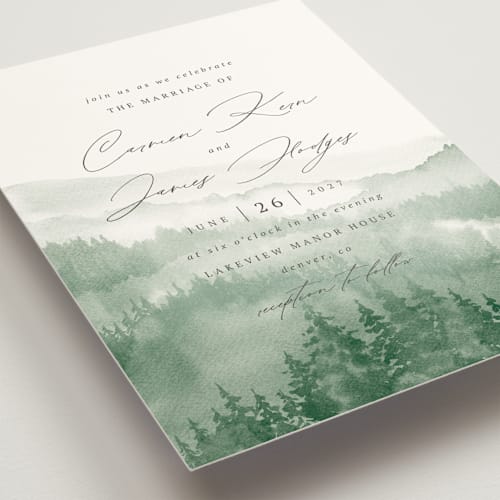 This is a fern wedding invitations with standard by Helen Halik called over the mountains printing on signature in grand