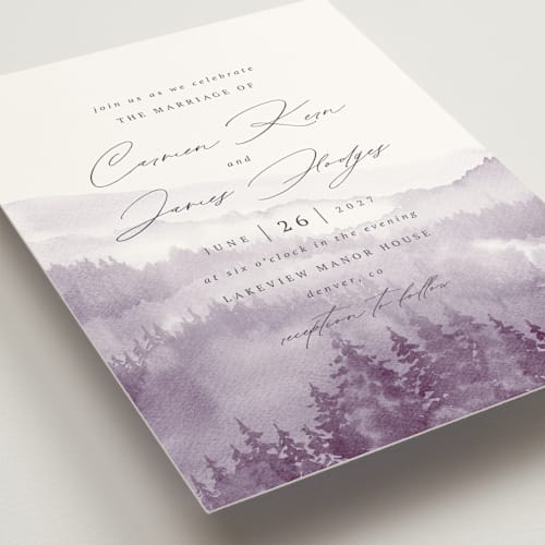 This is a lavender wedding invitations with standard by Helen Halik called over the mountains printing on signature in grand