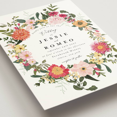 This is a tropical wedding invitations with standard by Susan Moyal called forest flowers printing on signature in grand
