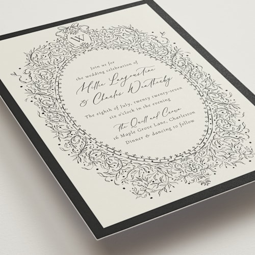 This is a latte wedding invitations with standard by Jackie Crawford called ornate sketched frame printing on signature in grand