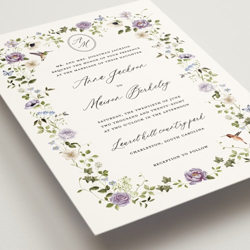 This is a wisteria wedding invitations with standard by Sarah Knight called ornate printing on signature in grand