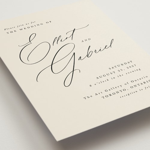 This is a ecru wedding invitations with standard by Hooray Creative called scripted names printing on signature in grand