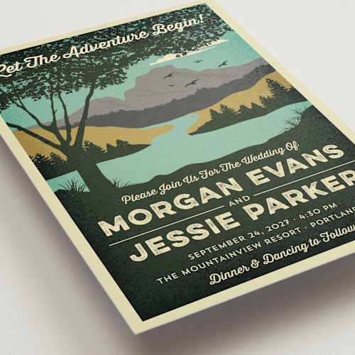 This is a forest wedding invitations with standard by Nam Bourassa called mountain view printing on signature in grand