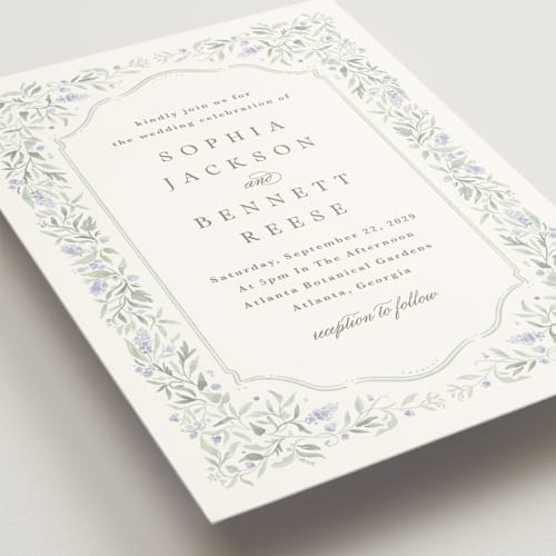 This is a periwinkle wedding invitations with standard by Kristen Smith called delicate vines printing on signature in grand