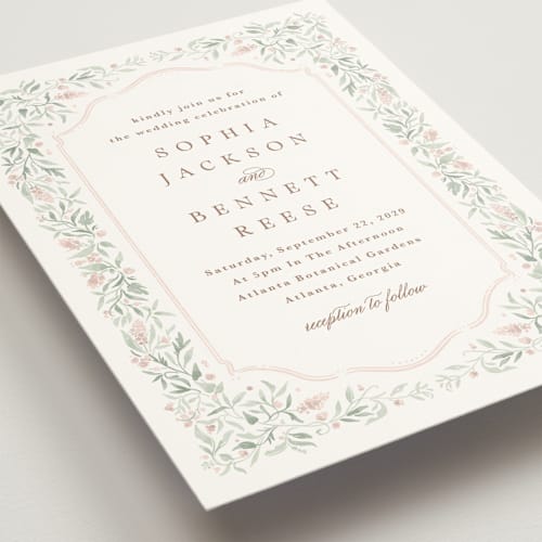 This is a blush wedding invitations with standard by Kristen Smith called delicate vines printing on signature in grand