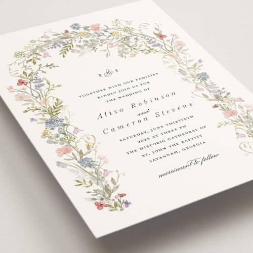 This is a sage wedding invitations with standard by Lori Wemple called flowering arch printing on signature in grand