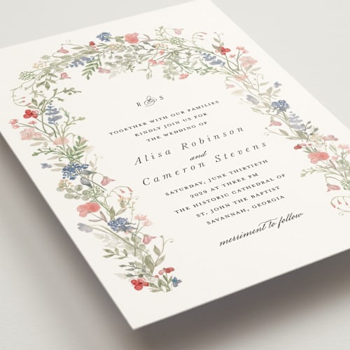 This is a coral wedding invitations with standard by Lori Wemple called flowering arch printing on signature in grand