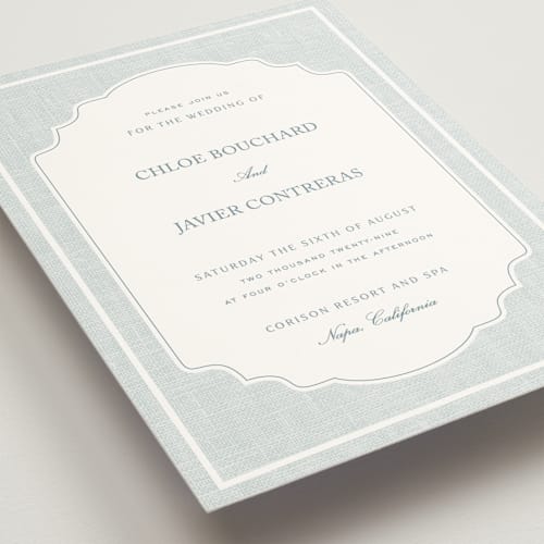 This is a sky wedding invitations with standard by Kelly Schmidt called summer linen printing on signature in grand