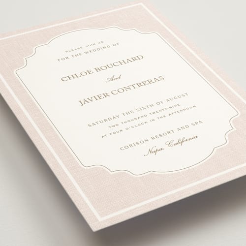 This is a blush wedding invitations with standard by Kelly Schmidt called summer linen printing on signature in grand
