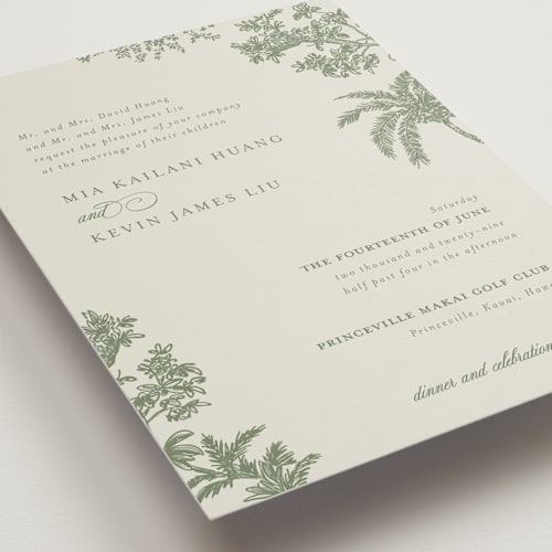 This is a jungle wedding invitations with standard by Jenna Holcomb called vintage tropics printing on signature in grand
