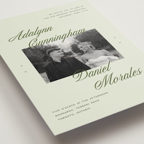 This is a lemongrass wedding invitations with standard by Sam Dubeau called swoon printing on signature in grand