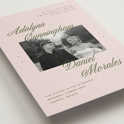 This is a petunia wedding invitations with standard by Sam Dubeau called swoon printing on signature in grand