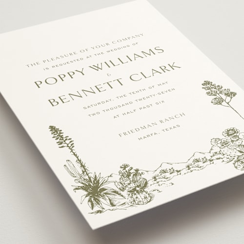 This is a verde wedding invitations with standard by Megan Davis called rancho printing on signature in grand